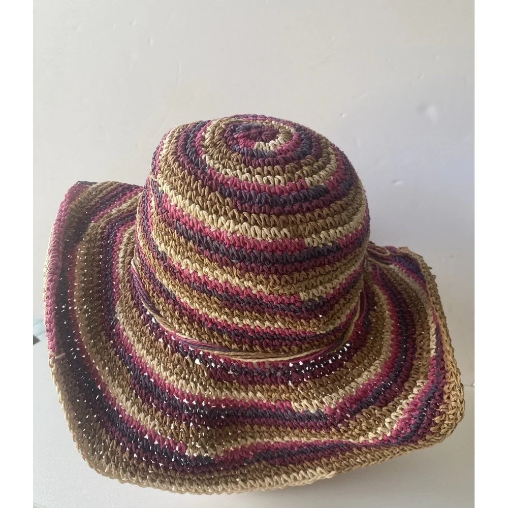 A New Day Striped Paper Straw‎ Sun Hat Wide Brim Boho Beach Crochet OSFM